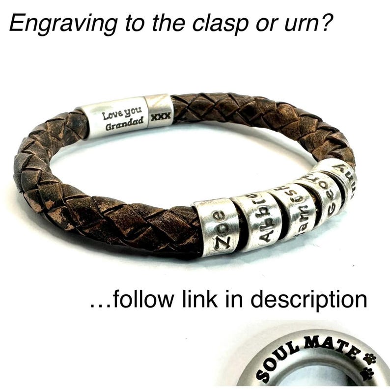 A personalized leather bracelet with engraved metal rings, each containing a name. The bracelet is displayed against a white background, and there is text at the top and bottom of the image.
