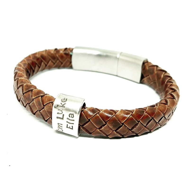 Personalised Braided Leather Bracelet Flat Leather Cuff Mens Etsy
