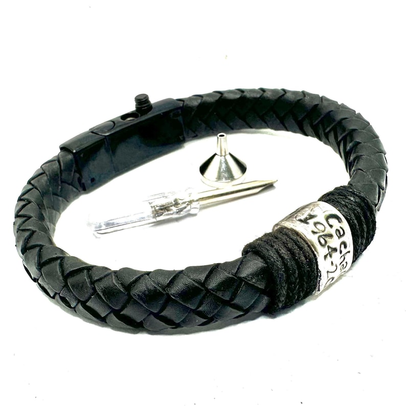 Black Leather Cremation Urn Bracelet for Pet Dog Ashes Memorial ...