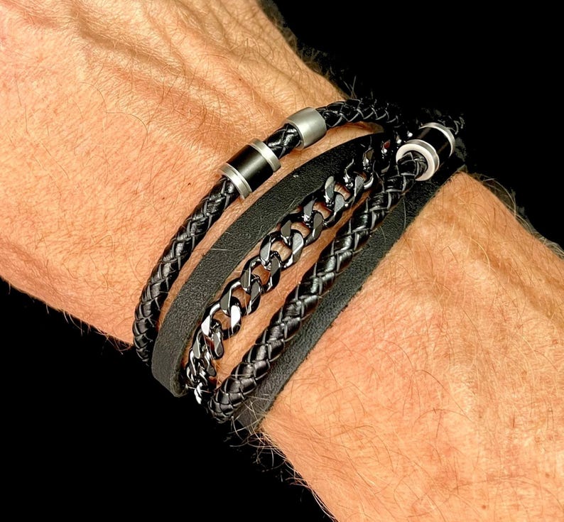 Fathers Day Bracelet, Chain Bracelet, Mens Personalised Bracelet, Mens Leather Bracelet, Custom Bracelet Women, Engraved Gift, New Dad Gift image 2