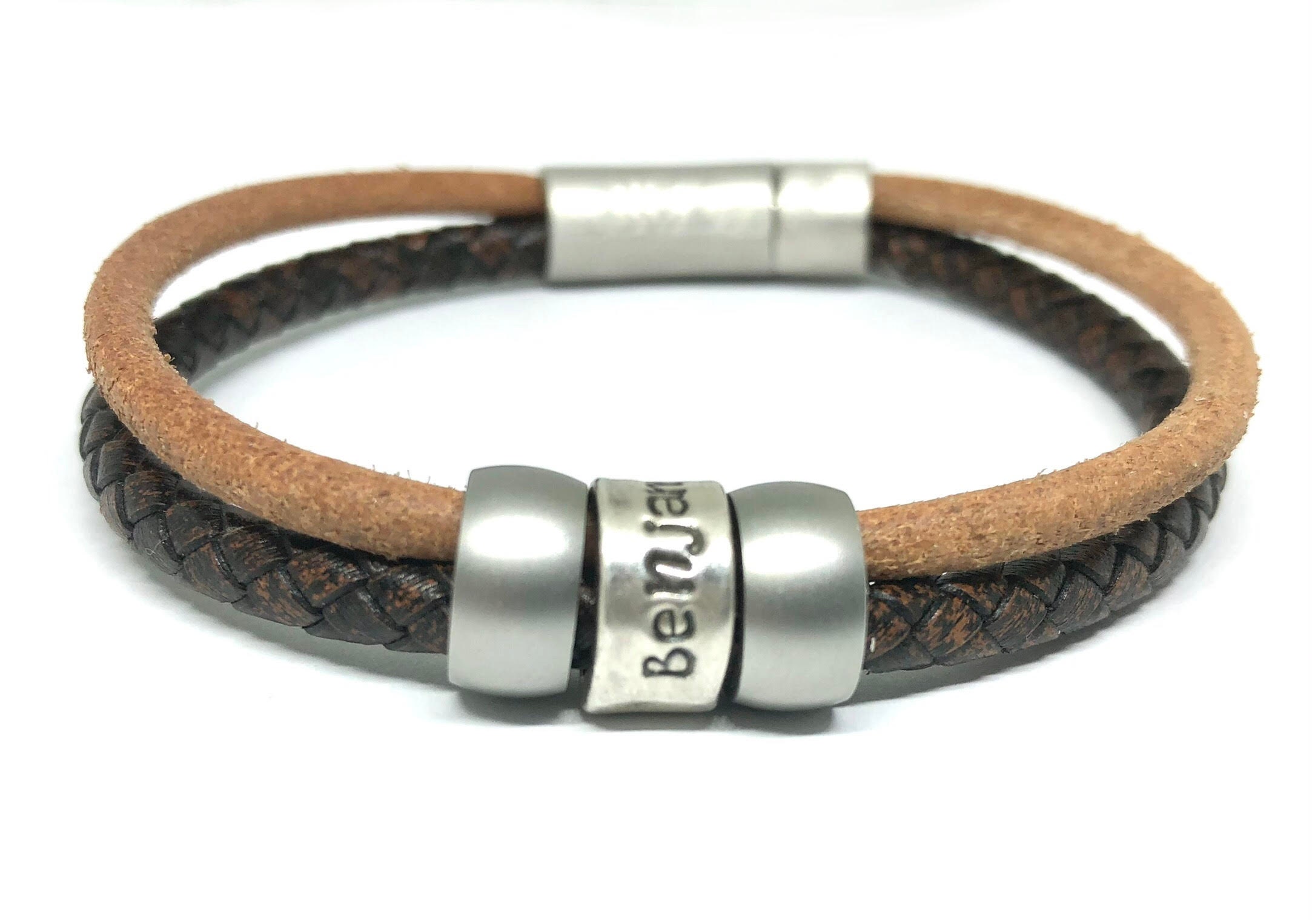 Men's Leather Bracelet with Custom name charms. — Jennywear Jewelry