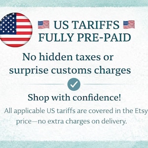 The image is a promotional graphic for a US Tariff website, which offers a fully pre-paid shipping option. It features the American flag and provides information about the website's policies regarding hidden taxes and customs charges.