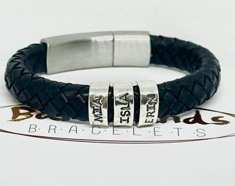 Black Braided Leather Bracelet, Custom Leather Bracelet Men, Black Leather and Silver Bracelet, Bracelet Homme