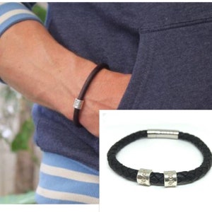 Custom Engraved Bracelet, Personalized Mens Bracelet, Mens Leather Bracelet, Name Bracelet, Boyfriend Gift, Black Braided Cuff, New Dad Gift