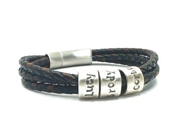 Mens Braided Leather Bracelet, Boho Leather Wrap Bracelet, Custom Engraved Bead Name Bracelet For Men