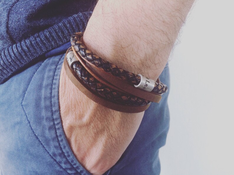 Mens Personalised Bracelet Leather Wrap Custom Stamped Mens Etsy