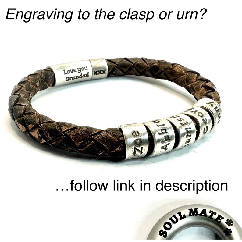 A personalized leather bracelet with engraved metal rings, each containing a name. The bracelet is displayed against a white background, and there is text at the top and bottom of the image.