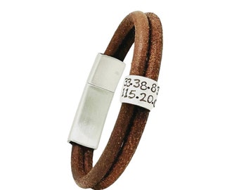 Brown Round Cord Custom Engraved Leather Bracelet With Coordinates, Personalized Leather Wrap Bracelet, Coordinates Bracelet for Men