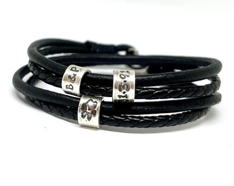 Black Double Wrap Leather Bracelet With Footprint Charm, Husband Bracelet, Mens Leather Wrap Bracelet, Viking Leather Bracelet