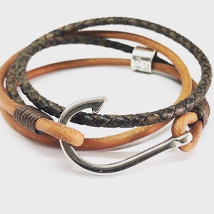 Tan Brown Fish Hook Bracelet, Braided Double Wrap Bracelet, Husband Bracelet with Custom Engraved Bead, Mens Gift image 1