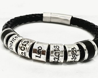Black Braided Bracelet Miscarriage Gift Or Loss Of Father, Husband Bracelet, Mens Braided Leather Bracelet With Custom Engraved Beads