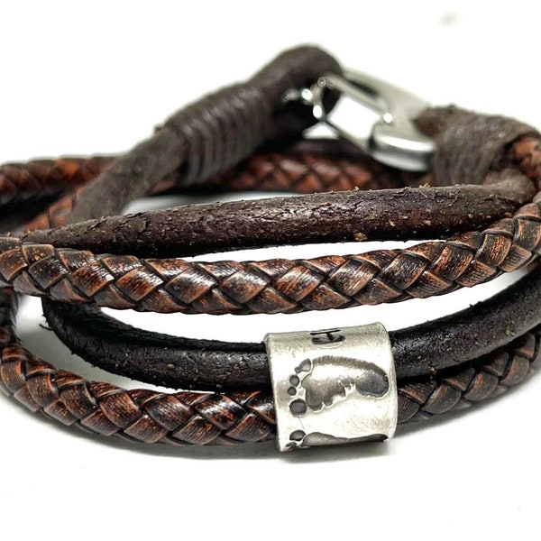 Brown Footprint Charm Mens Leather Wrap Bracelet, Custom Engraved Bead Double Wrap Leather Bracelet,  Husband Bracelet Mens Braided Leather