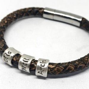 Custom Engraved Bracelet, Personalized Mens Bracelet, Mens Leather Bracelet, Name Bracelet, Boyfriend Gift, Black Braided Cuff, New Dad Gift