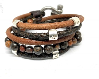 Gemischtes Edelstein Lederarmband für Männer, Jaspis Bronzit Maifanit Perlen Armband Personalisiert, Benutzerdefinierte Manschette Armband für Frauen, neue Papa Geschenk