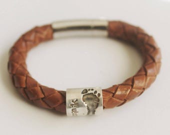 Handabdruck Armband, Damen Bettelarmband, New Born Andenken, Fußabdruck Silber Charm, Silberdruck Perle, Leder Bettelarmband