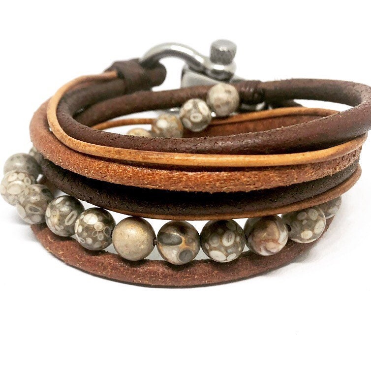 Mens Bead Bracelet Maifanite Bracelet Mens Leather Wrap Etsy