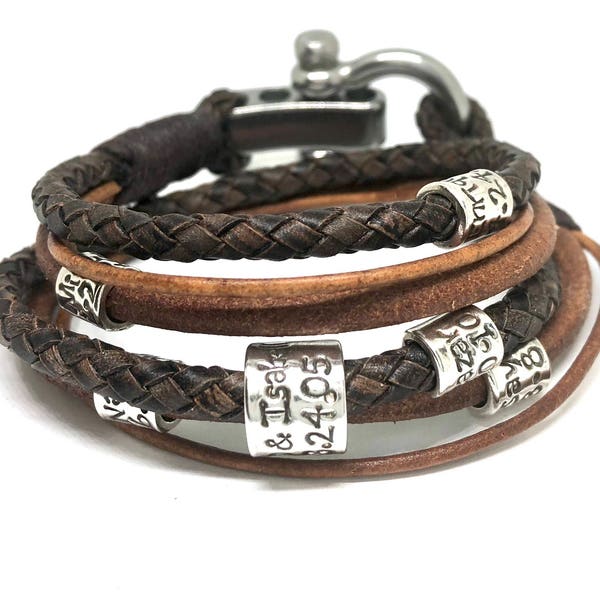 Mens Bracelet Personalised, Adjustable Leather Bracelet, Beaded Bracelet, Bracelet Homme, Brown Leather Bangle, Gift for Him, Teachers Gift