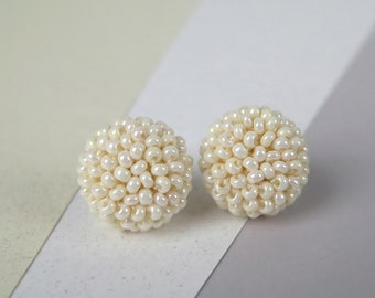 Beige Round Textured Stud Earrings