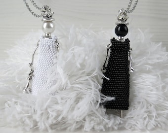 Black and White Queen of Chess Doll Pendant Necklace