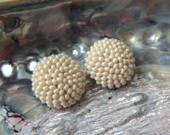 Beige Seed Bead Clip On Earrings, Dewberry Design