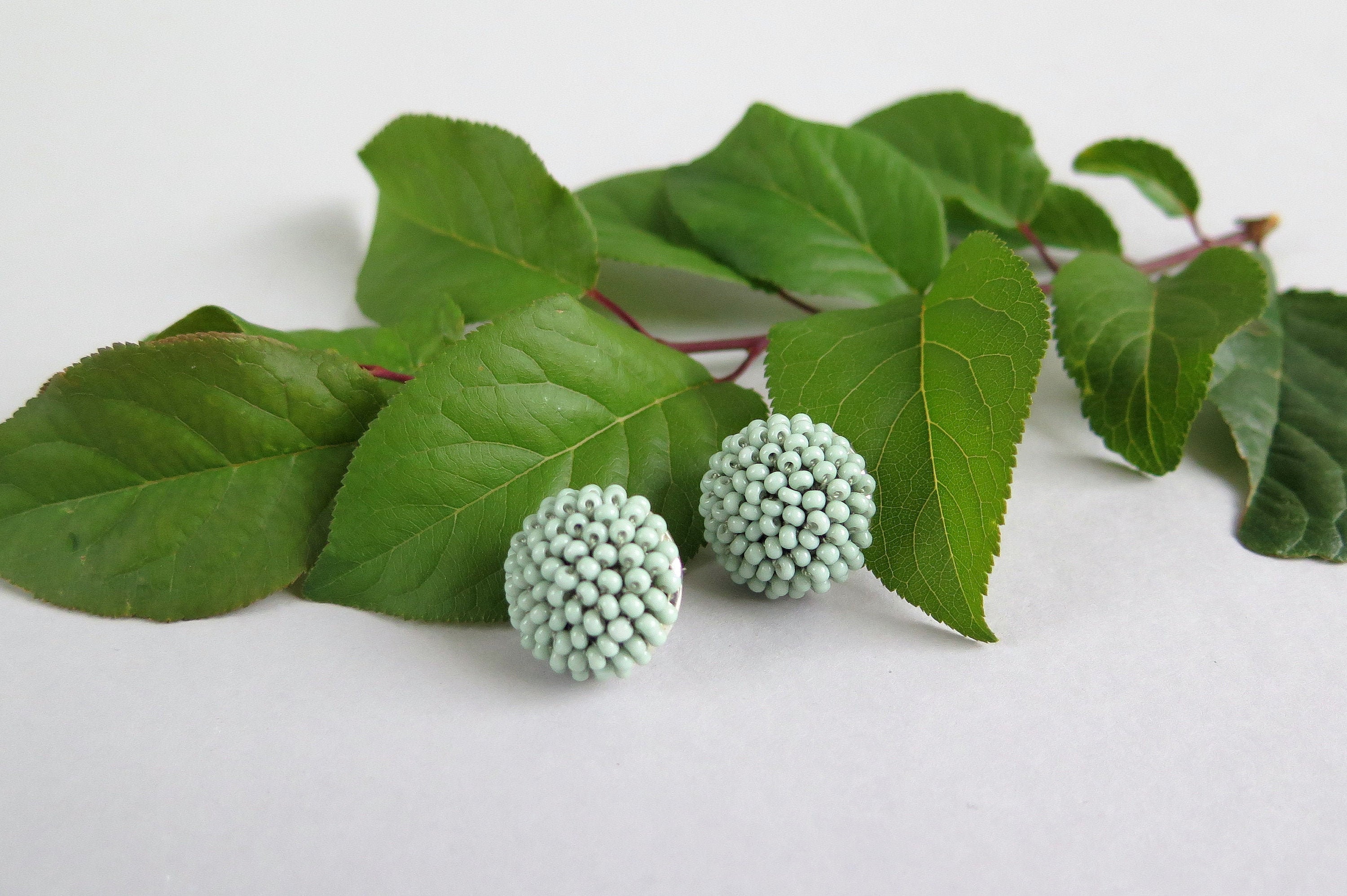 Sage Green Circle Textured Stud Earrings Pastel Green Bead Etsy