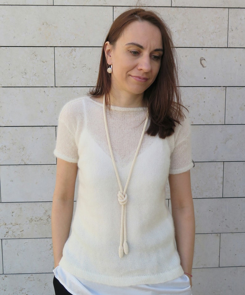 Beige Pearl Long Bead Crochet Necklace Bridal Jewelry