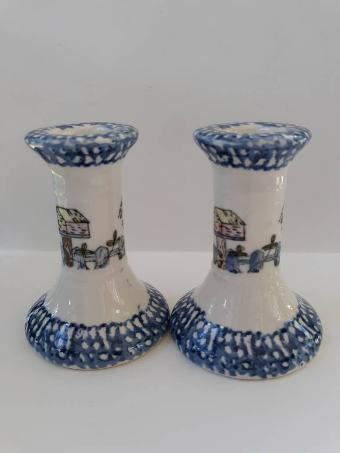 Vintage Blue and White Spongeware Ceramic Candle Stick Holders Etsy