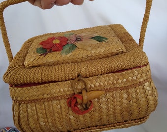 Vintage Small Chinese Wicker Sewing Basket