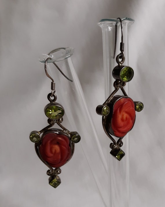 Vintage Sterling Carved Coral and Peridot Dangle H