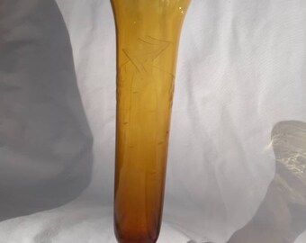 Gorgeous Vintage Amber Etched Glass Vase