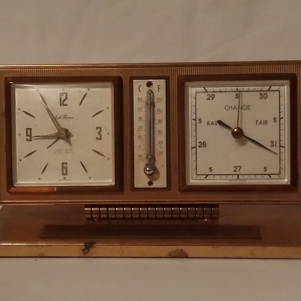 Vintage Seth Thomas 8 Day 7 Jewel Desk Clock Barometer and Thermometer WORKS