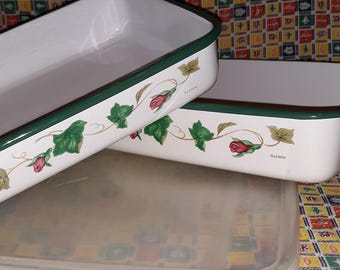 Vintage Lenox Rose Manor Enamel Baking Pans Set of Two With Plastic Lids