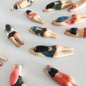 Super unique handmade ceramic summer swimming theme magnets by Artist Junty