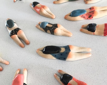 Super unique handmade ceramic summer swimming theme magnets by Artist Junty