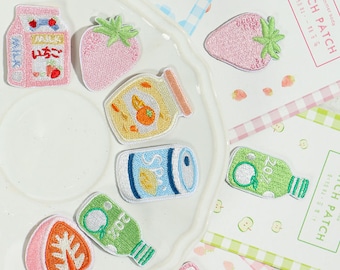 Parches bordados de postres: diseños de leche, fresa, mermelada y latas de refresco