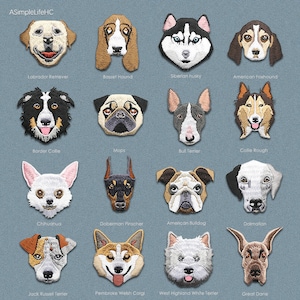 May include: A collection of embroidered dog breed patches, such as the Basset Hound, Pug, and Dalmatian. Each patch displays a detailed, colourful representation of a dog's face. The patches are arranged on a grey background, showcasing a variety of breeds.
