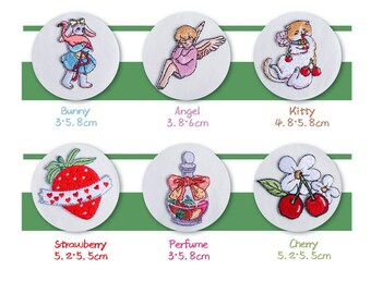 Parches bordados de cuentos de hadas: diseños de conejito, ángel, gatito, fresa, perfume y cereza
