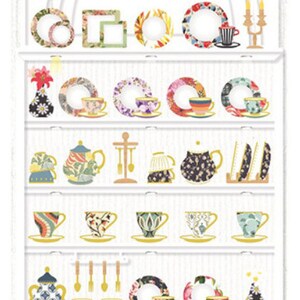 May include: A decorative sticker sheet featuring a variety of teacups, teapots, plates, and frames. The design includes floral patterns, geometric shapes, and the text "luxury novelty". The color palette includes blue, yellow, red, and green.