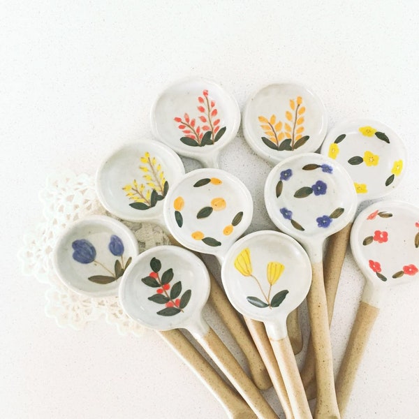 Beautiful handmade floral ceramic spoons --- kitchen decor, house warming gift, foodie gift