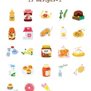 以下が含まれることがあります： 蜂蜜、ジャム、パンケーキ、ケーキ、ドーナツなど、さまざまな食品が描かれたイラスト。画像には「23 designs*2」というテキストが含まれています。これらのアイテムは、朝食やデザートをテーマにした、カラフルな漫画スタイルで描かれています。