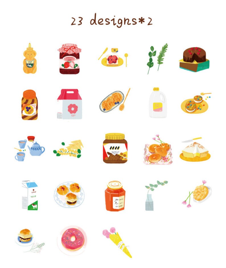 以下が含まれることがあります： 蜂蜜、ジャム、パンケーキ、ケーキ、ドーナツなど、さまざまな食品が描かれたイラスト。画像には「23 designs*2」というテキストが含まれています。これらのアイテムは、朝食やデザートをテーマにした、カラフルな漫画スタイルで描かれています。