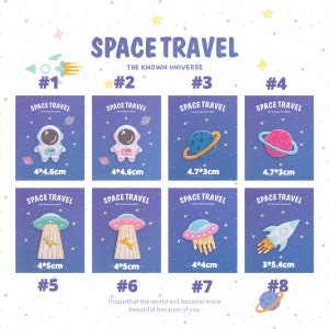 May include: Eight space-themed patches featuring astronauts, planets, and a rocket, displayed on blue backgrounds. Each patch has the text "SPACE TRAVEL" and measurements in centimetres. The patches are numbered and feature a variety of colours, with a quote at the bottom.