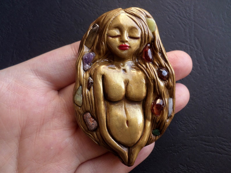 Fertility Clay Goddess necklace Golden Goddess of Life and Birth necklace Clay Goddess Pendant Natural Gemstones Embedded Goddess