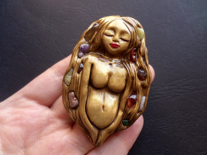 Fertility Clay Goddess necklace Golden Goddess of Life and Birth necklace Clay Goddess Pendant Natural Gemstones Embedded Goddess