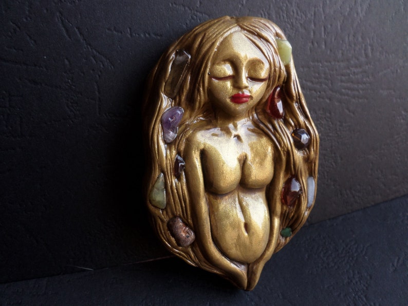 Fertility Clay Goddess necklace Golden Goddess of Life and Birth necklace Clay Goddess Pendant Natural Gemstones Embedded Goddess