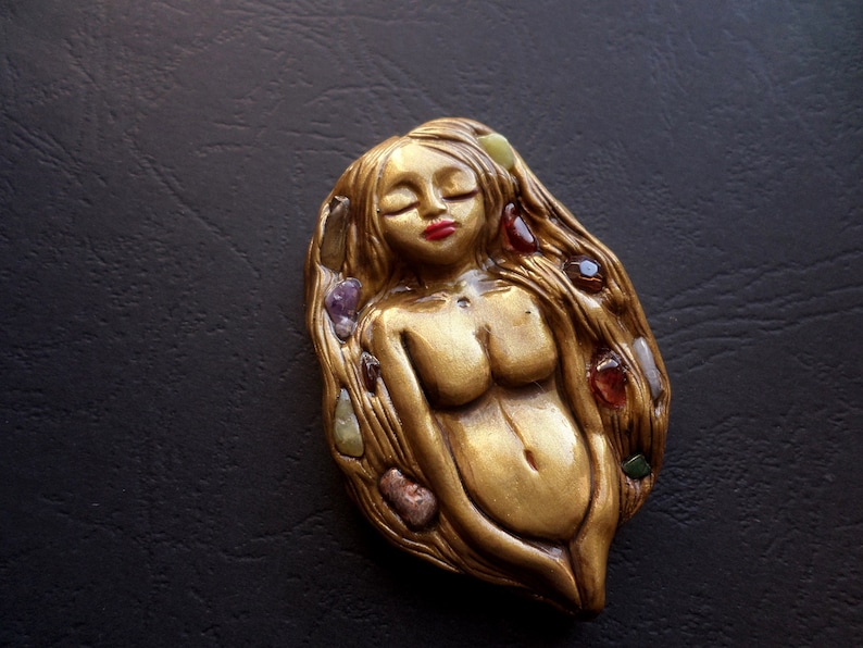 Fertility Clay Goddess necklace Golden Goddess of Life and Birth necklace Clay Goddess Pendant Natural Gemstones Embedded Goddess