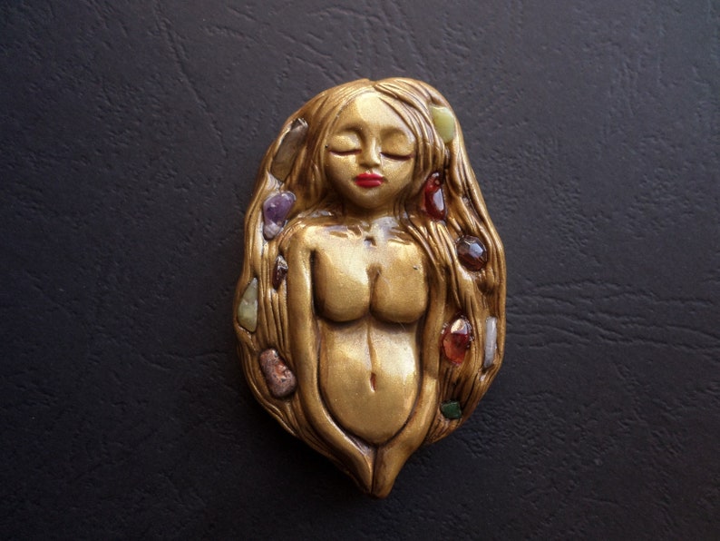 Fertility Clay Goddess necklace Golden Goddess of Life and Birth necklace Clay Goddess Pendant Natural Gemstones Embedded Goddess
