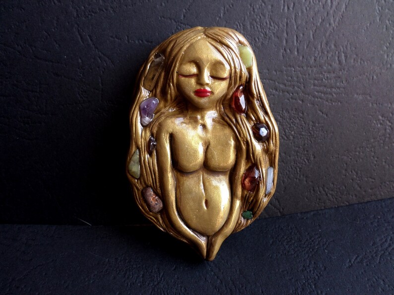 Fertility Clay Goddess necklace Golden Goddess of Life and Birth necklace Clay Goddess Pendant Natural Gemstones Embedded Goddess