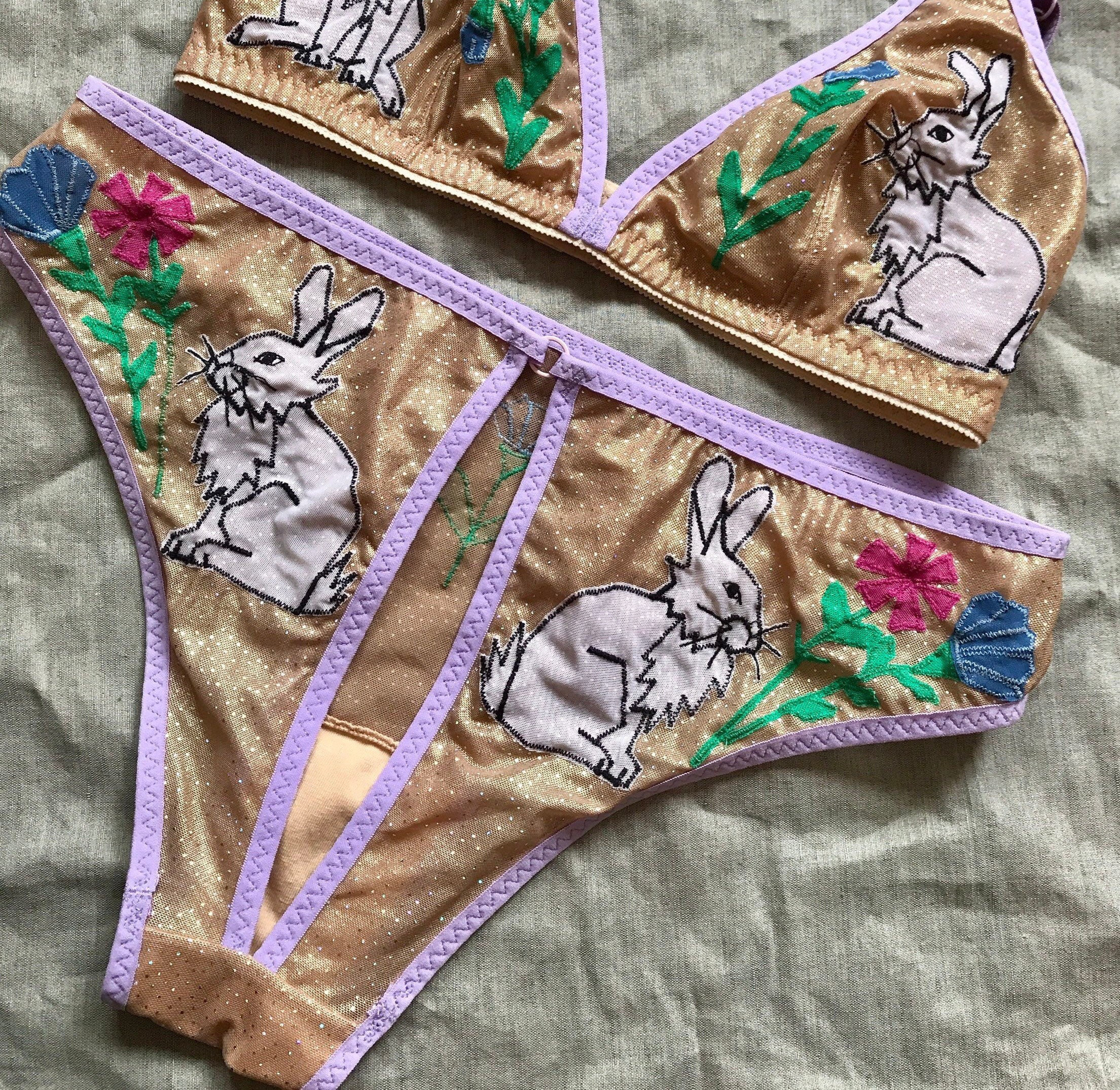 Handmade Embroidered Butterfly With Sequins Thong Underwear pink