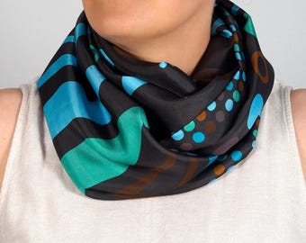 Infinity silk scarf, dark grey spotty silk scarf, gift for her, scarves made in UK